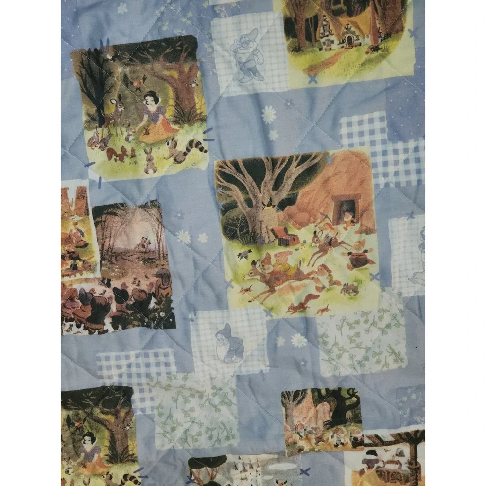 Vintage Disney Snow White Seven Dwarfs Quilt Bedspread Blue Patchwork Storybook